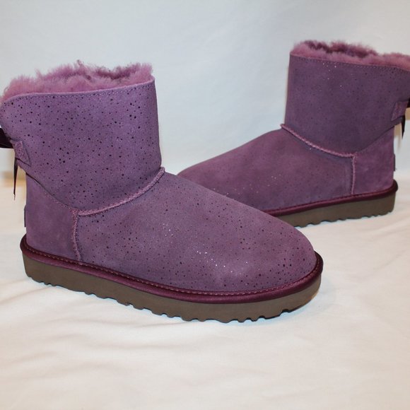 NIB UGG MINI WOMEN'S BAILEY BOW SHINE SUEDE SHEARLING ANKLE BOOTS PORT BURGUNDY - Picture 5 of 8